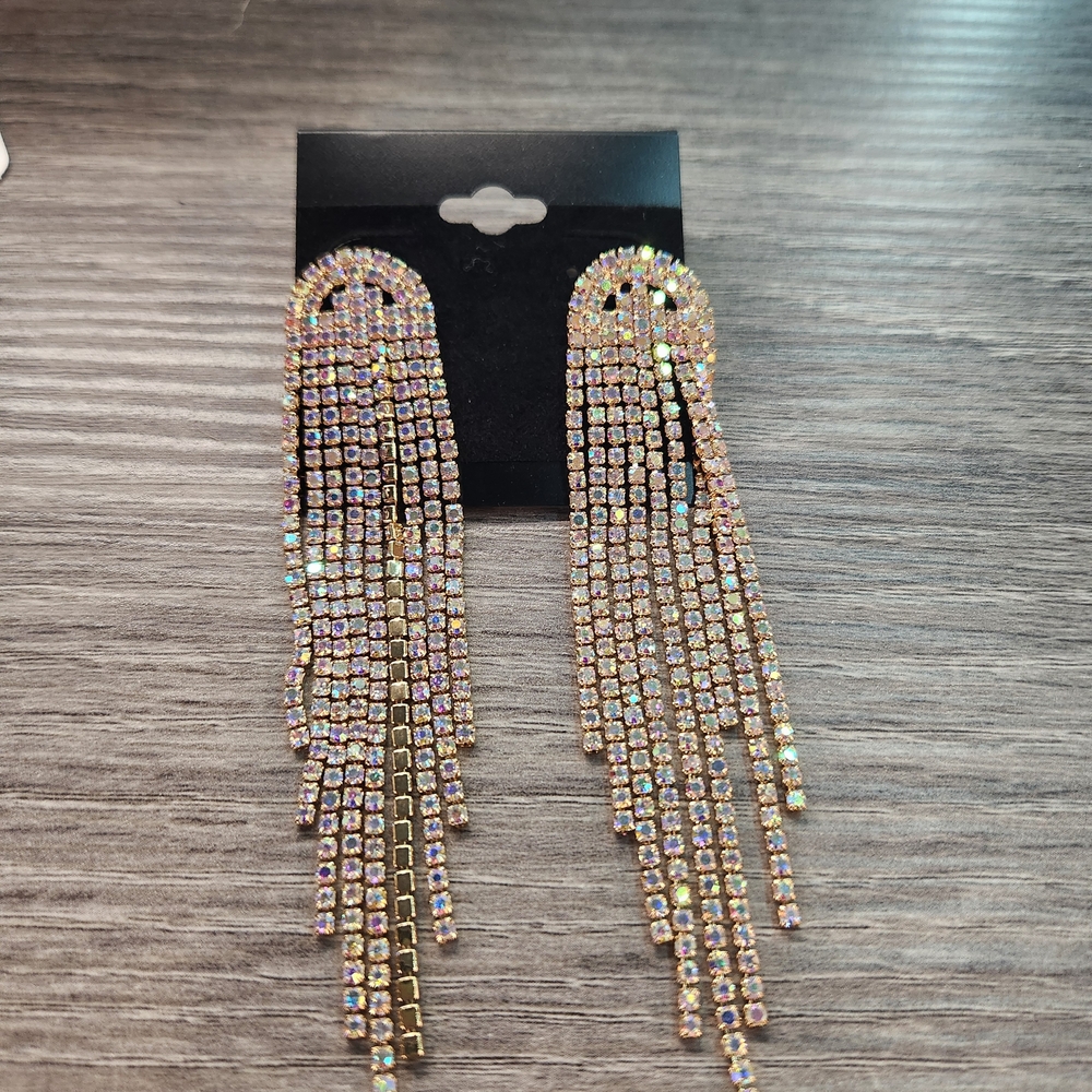 Elegant Gold AB Rhinestone Fringe Dangle Earrings